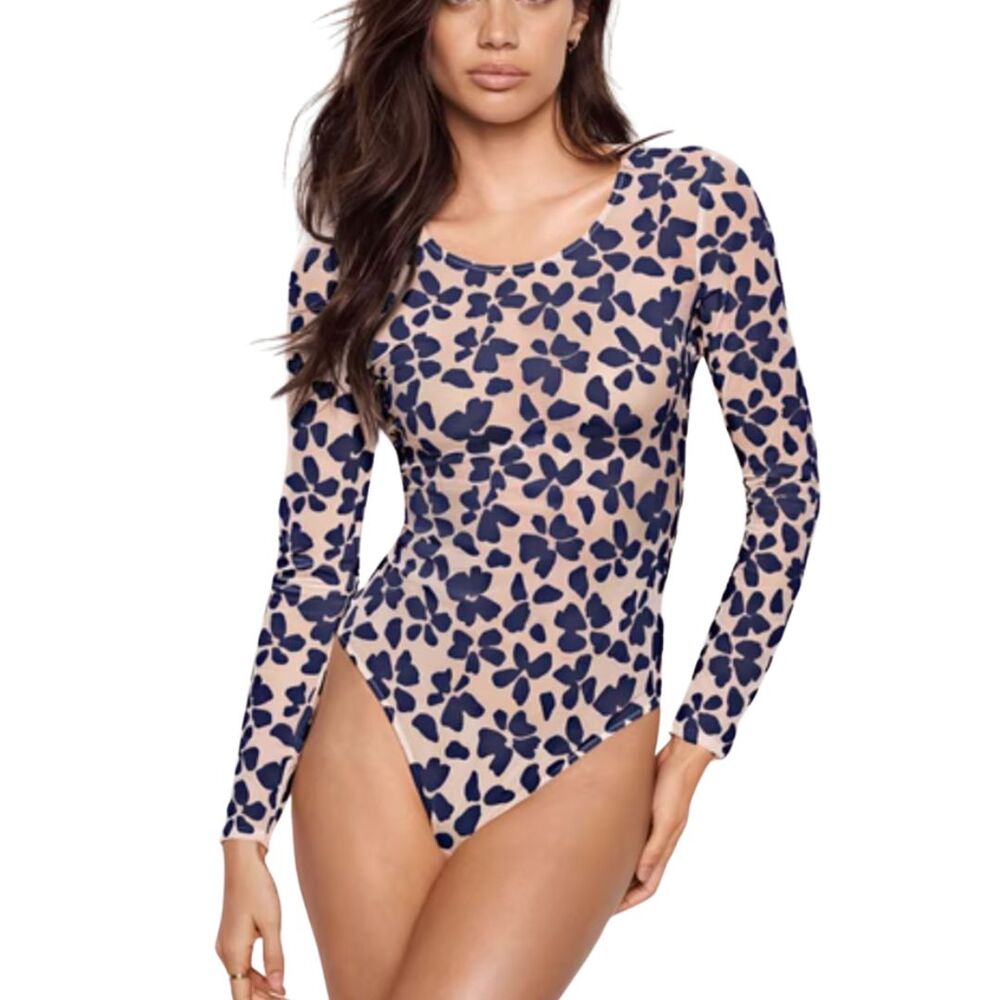 NWT Victoria's Secret Navy NudeFloral Sheer Bodysuit Burnout Velvet Thong Size M